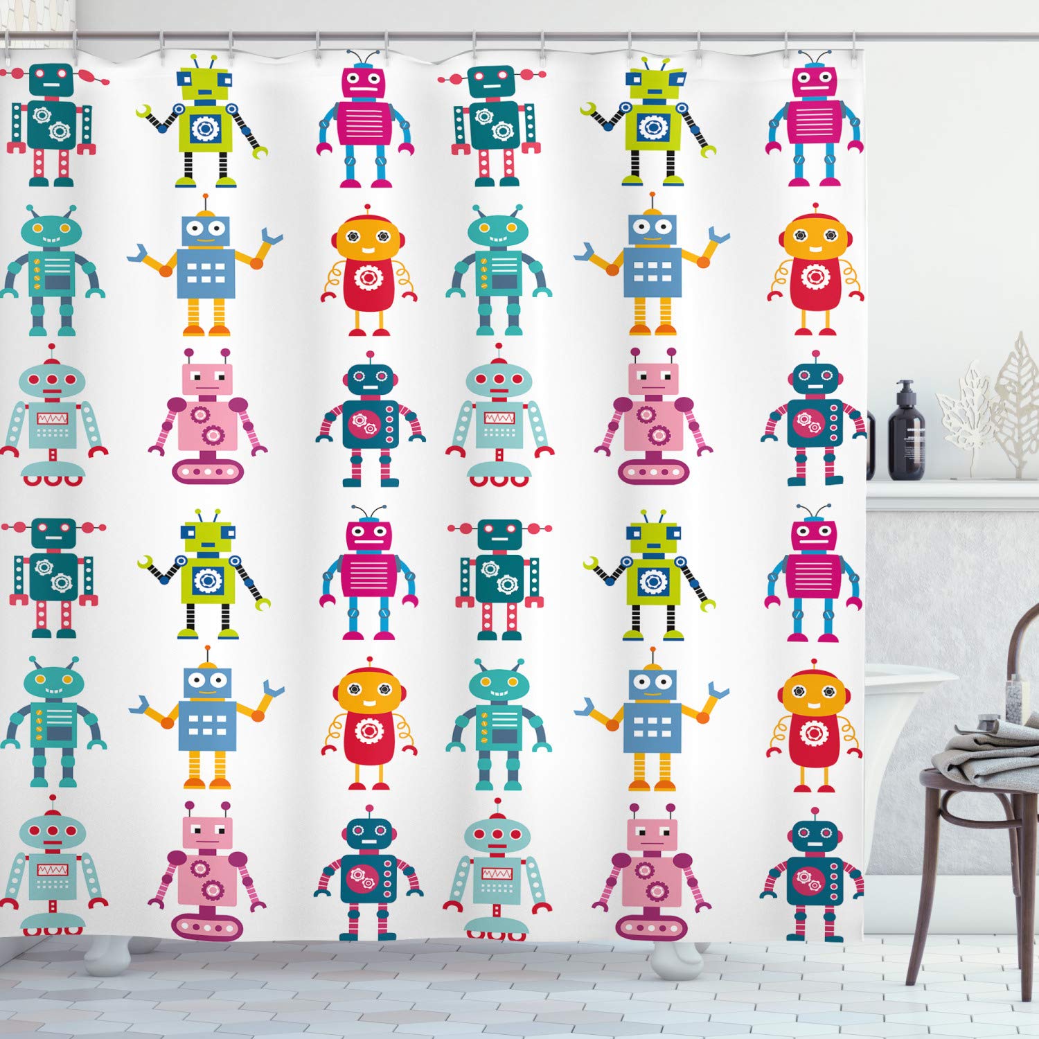 ABAKUHAUS Nursery Shower Curtain, Colorful Cartoon Style Robot Futuristic Funny Mascots Friendly Androids, Cloth Fabric Bathroom Decor Set with Hooks, 78 Inches, Multicolor