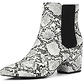 Perphy Snake Print Boots Pointed Toe Chunky Heels Ankle Boots for Women