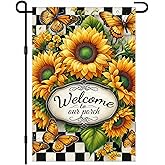 IVN Welcome Sunflower Garden Flag 12x18 Inch Double Sided Butterfly Floral Check Outdoor Yard Flag for Home Front Door Lawn Porch Summer Decor