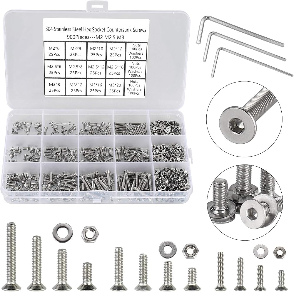 FandWay 900Pcs M2 M2.5 M3 Countersunk Bolts Nuts Set 304 Stainless Steel DIN