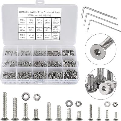 FandWay 900Pcs M2 M2.5 M3 Countersunk Bolts Nuts Set 304 Stainless Steel DIN