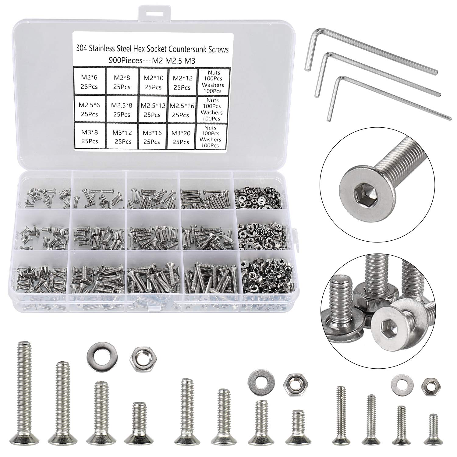 FandWay 900Pcs Bolts and Nuts Set,M2 M2.5 M3 Countersunk Machine Screws,DIN 7991 Allen Screws,304 Stainless Steel Hex Bolts and Washers Set Fully Threaded With 3 Allen Key.
