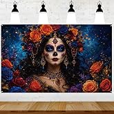 EUOYUFO Dia De Los Muertos Backdrop, Day of the Dead Banner Decorations, Sugar Skull Floral Photo Booth Banner for Mexican Fiesta & Halloween Party, 70.9 x 43.3 Inch