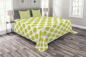 Ambesonne Lime Green Bedspread, Nostalgic Polka Dots Style Large Circles Girlish Vintage Rounds Pattern, Decorative Quilted 3 Piece Coverlet Set with 2 Pillow Shams, Queen Size, Apple Green
