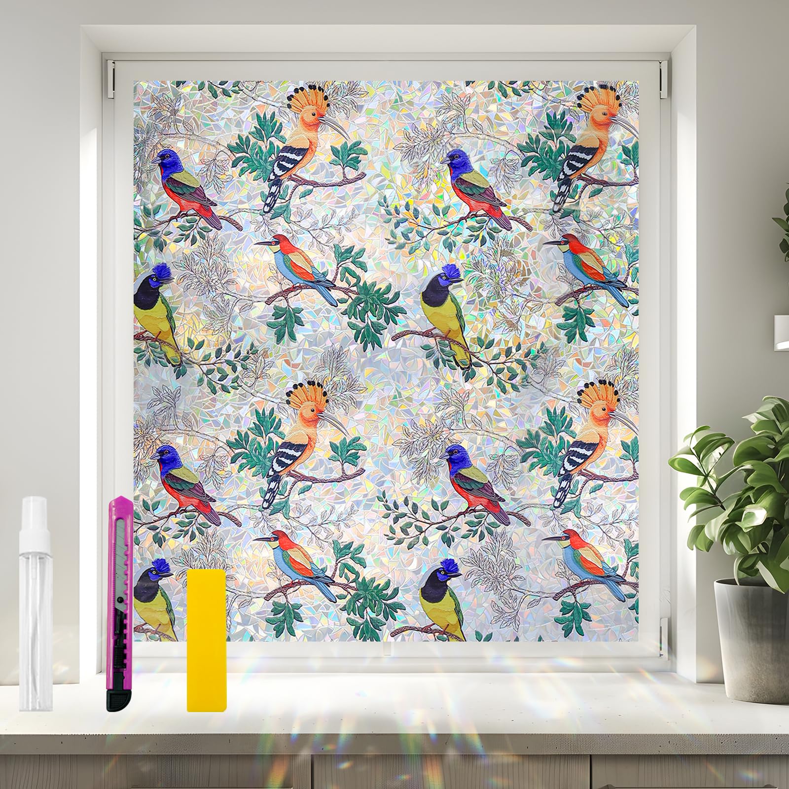 Photo 1 of Window Privacy Film Stain Glass Window Film Rainbow Window Film Window clings Non-Adhesive Reusable Decorative for Room (Colorful Birds on The Branch, 17.5 X 157.4 in)