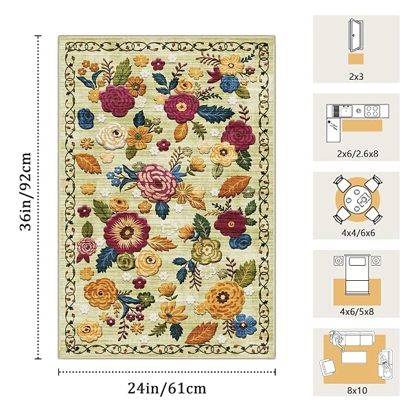 2X6 MACHINE WASHABLE RUNNER RUG, KITCHEN HALLWAY AREA RUG GREEN VINTAGE BOHO FLORAL ULTRA NON-SLIP LOW PILE SOFT FAUX WOOL CARPET, KIDS AND PETS FRIENDLY FOR BEDROOM ENTRYWAY NURSERY HOME DECOR RUG
