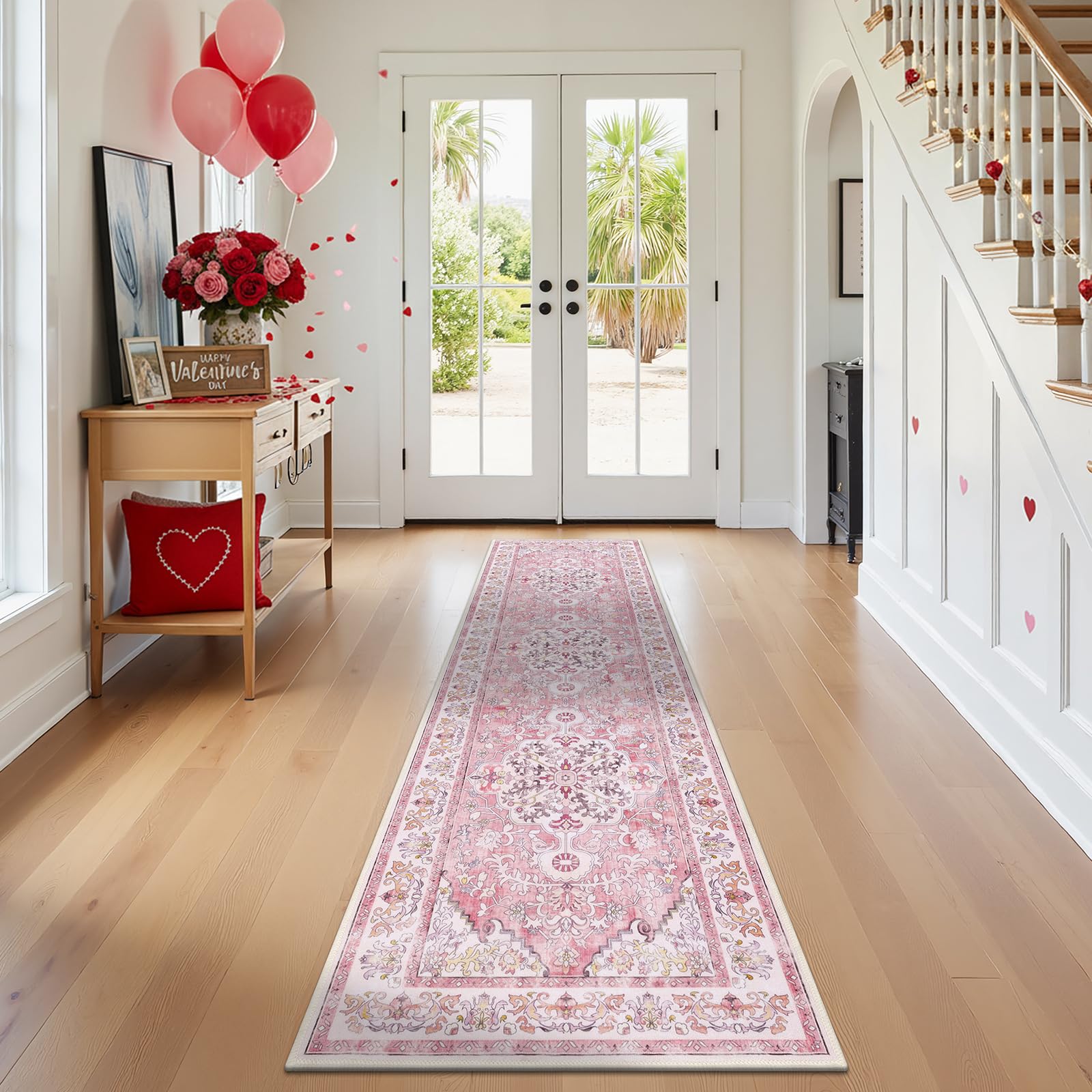 U'Artlines 2' x 8' Hallway Runner Rug, Pink Non Slip Washable Vintage Farmhouse Accent Rug Runner Carpet for Kitchen Entryway Laundry and Living Room(Peach Pink) Image