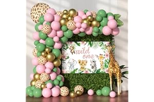 JANINUS Pink Wild One Balloon Arch with Backdrop 59x40 Inch for Wild One Birthday Decoration, Safari Jungle Balloons Garland Arch Kit Giraffe Pink Sage Green Balloons of First 1st Birthday Decorations Girl