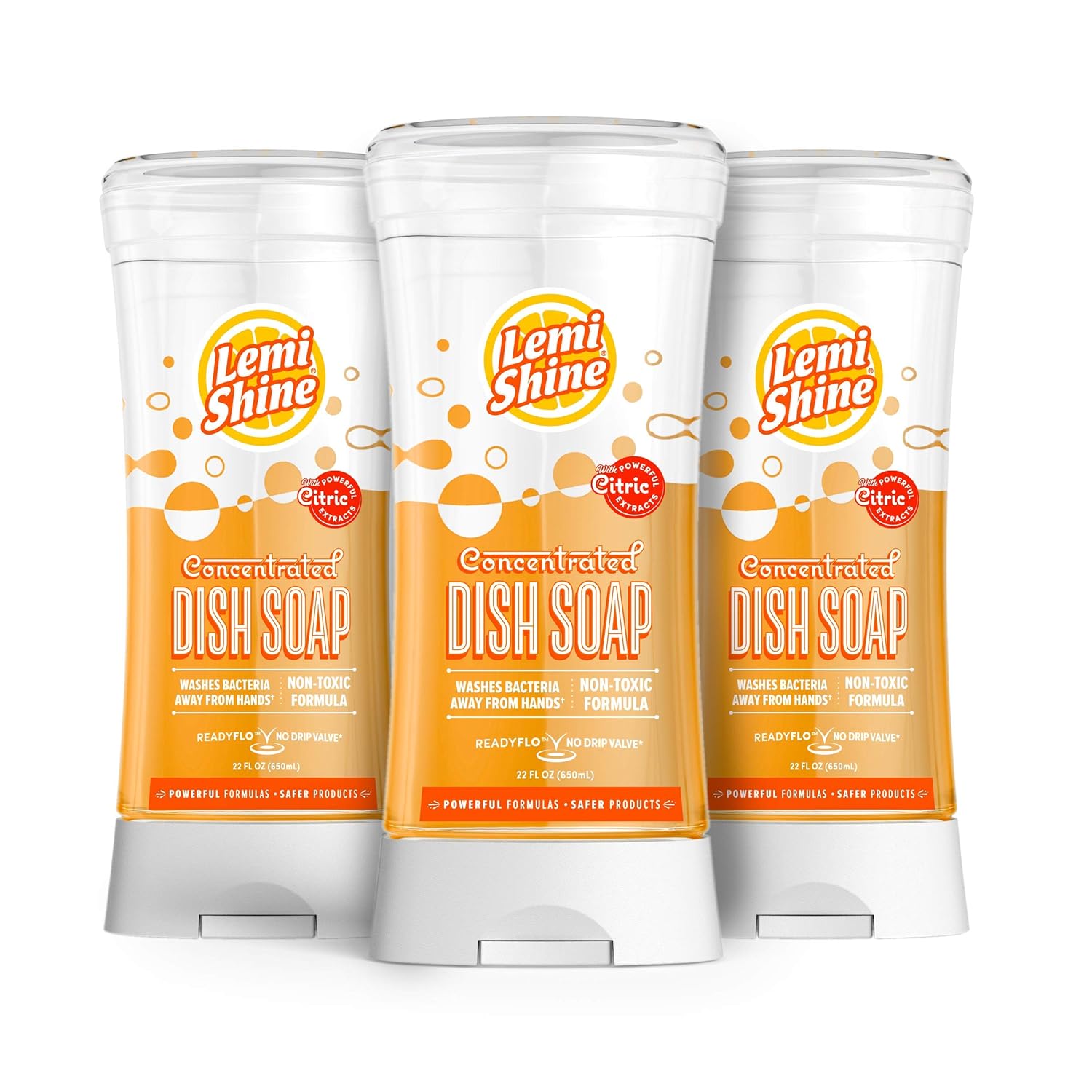 Lemi Shine Natural Concentrated Liquid Dish Soap with Powerful Citric Extracts Washes Away Bacteria Fresh Lemon Scent Dye-Free 22 Fluid Ounces (3 Pack)