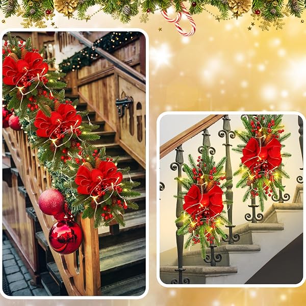 HIBOOM 3 PACK ARTIFICIAL CHRISTMAS TEARDROP SWAGS 24″ XMAS CORDLESS PRELIT STAIRWAY SWAG CHRISTMAS GARLAND STAIRS RAILS DECORATION WITH LED LIGHTS FOR INDOOR OUTDOOR(RED,CLASSIC STYLE)