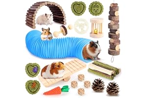Kyouki Hamster Toys Guinea Pig Toys Set with Tunnel, Chewable Apple Wood & Natural Timothy Hay - Enrichment Chew Toys for Small Animals - 24+ Cage Accessories for Teeth Care & Boredom Relief (Blue)