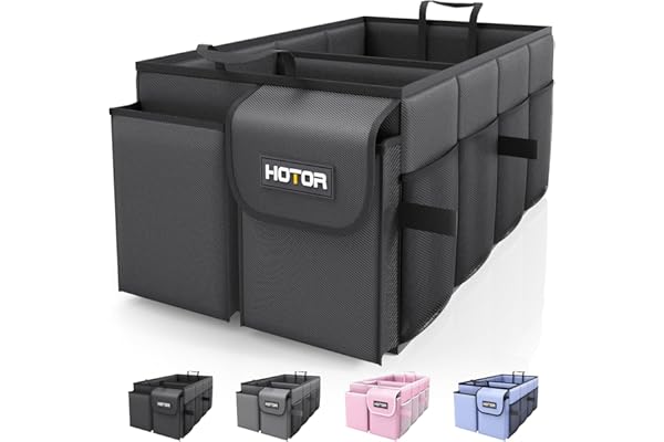 HOTOR Trunk Organizer for Car - Large-Capacity Car Organizer, Foldable Trunk organizer for SUVs & Sedans, Sturdy Car Organization for Car Accessories, Tools, Sundries, Black, 2 Compartments