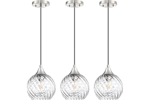 CJY CHENJINYAN 1 Light Hanging Indoor Kitchen Island Pendant Light 6.3" Stripe Wave Glass Pendant Ceiling Light Fixture,Brushed Nickel Finish Modern Farmhouse Dinning Over Sink (Clear Glass, 3 Pack)