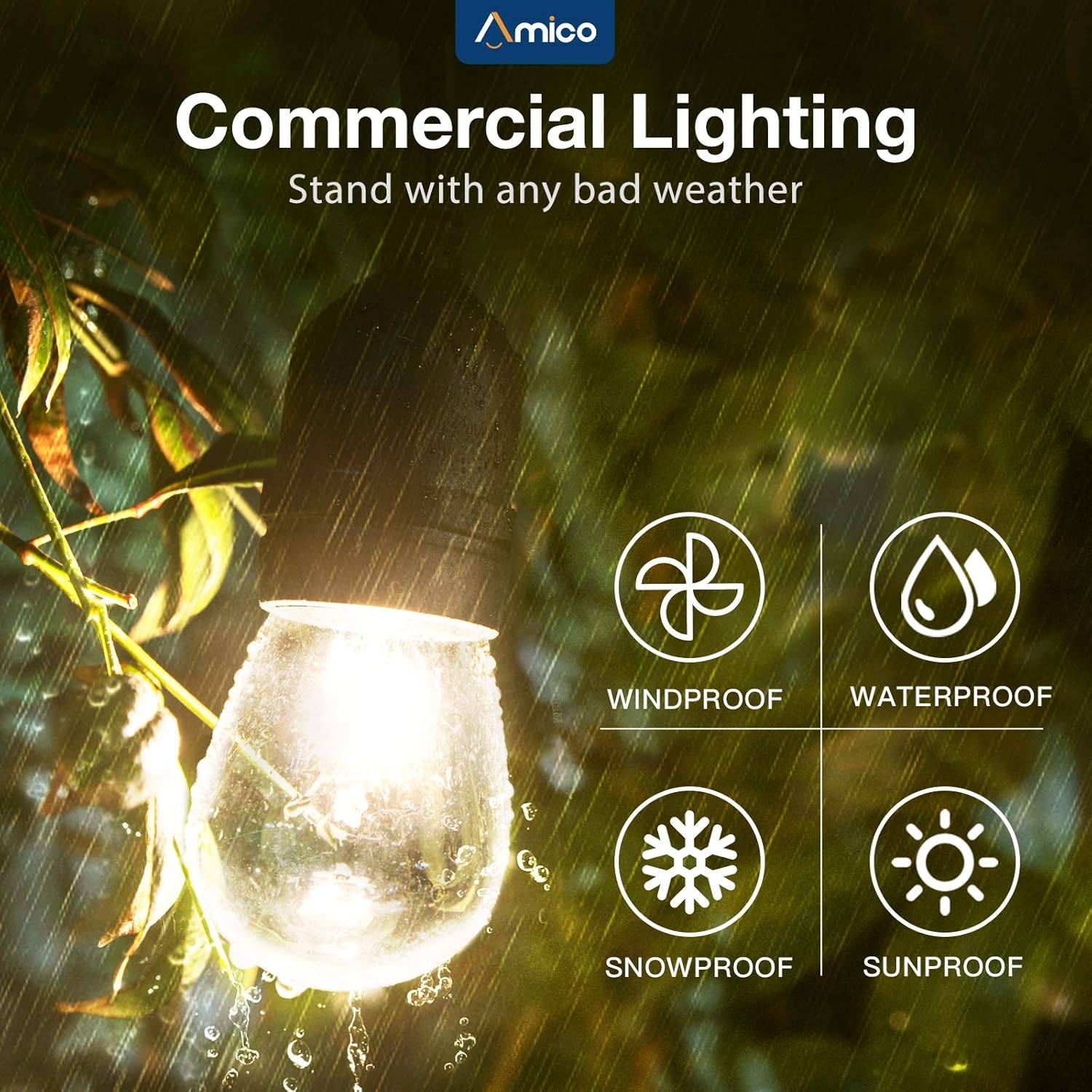 Amico 49FT Outdoor String Lights Commercial Grade Weatherproof Dimmable Patio Light String - 11W Incandescent Edison Bulb - UL Listed Heavy-Duty Decorative Yard Bistro Market Café Lights - - 
