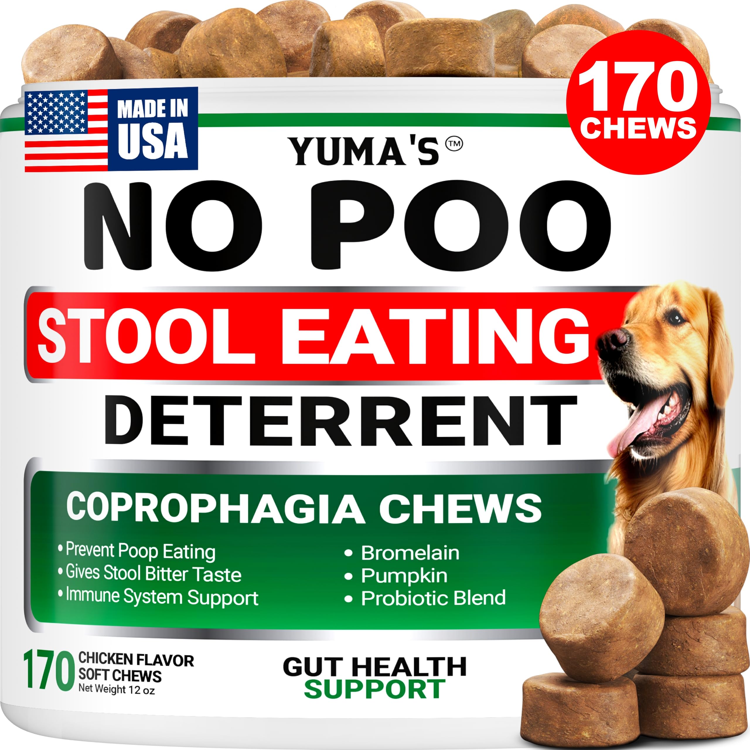 Photo 1 of *4/2027* YUMA'S No Poo Chews for Dogs - 170 Count - Coprophagia No Poop Eating Deterrent for Dogs - Stop Eating Poop for Canine - Gut Health - Probiotics & Digestive Enzymes Supplement - Made in USA