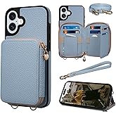 Keallce Case for iPhone 16 6.1'' Case Wallet, Crossbody Zipper Purse with RFID Blocking Card Slots Kickstand, Detachable Lanyard & Handstrap Flip Folio Leather iPhone Cover for iPhone 16, Blue