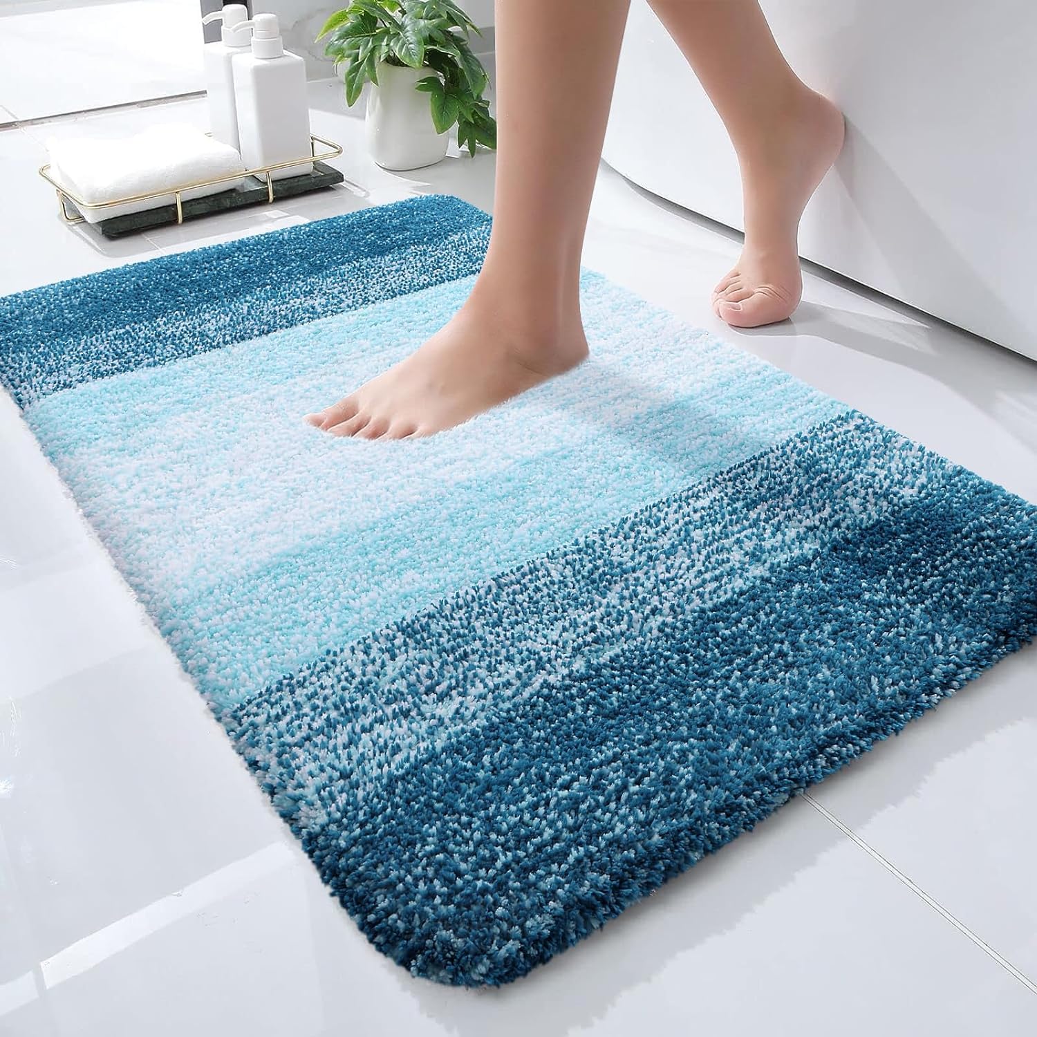 smiry Microfiber Bath Mat, 50 x 75 cm, Non-Slip Super Absorbent Bathroom Mat, Extra Soft Thick Floor Foot Mat, Fluffy Shaggy Bath Mats Rugs for Bathroom, Caribbean Sea — image 1