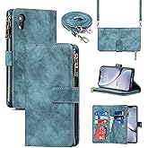 Jaorty for iPhone XR Wallet Case with Strap,for iPhone XR Phone Case for Women with Card Holder, Crossbody PU Leather Zipper Pocket Case with Credit Card Holders,6.1" Blue