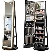 CHARMAID 360° Rotating Jewelry Armoire with LED Lighted Full Length Mirror & Built-in Vanity Mirror, Lockable Standing Jewelry Cabinet with Lights, Large Storage Organizer for Jewelry (Black)
