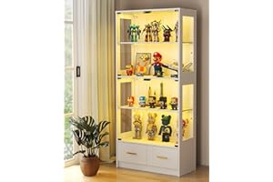 Lamtor Glass Display Cabinet with Doors - Curio Cabinet with Dynamic LED Lights for Collectibles, 67" Display Case with 4 Tier and Drawers for Figure, Toys, Books, White