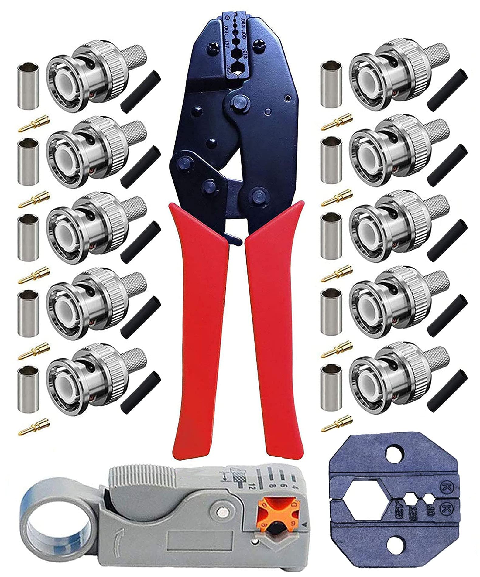 Kagni BNC Crimp Tool Set, BNC/TNC Ratched Crimp Plie and Rotary Coaxial Cable Stripper with 10pcs BNC Male Crim Connectors for RG58