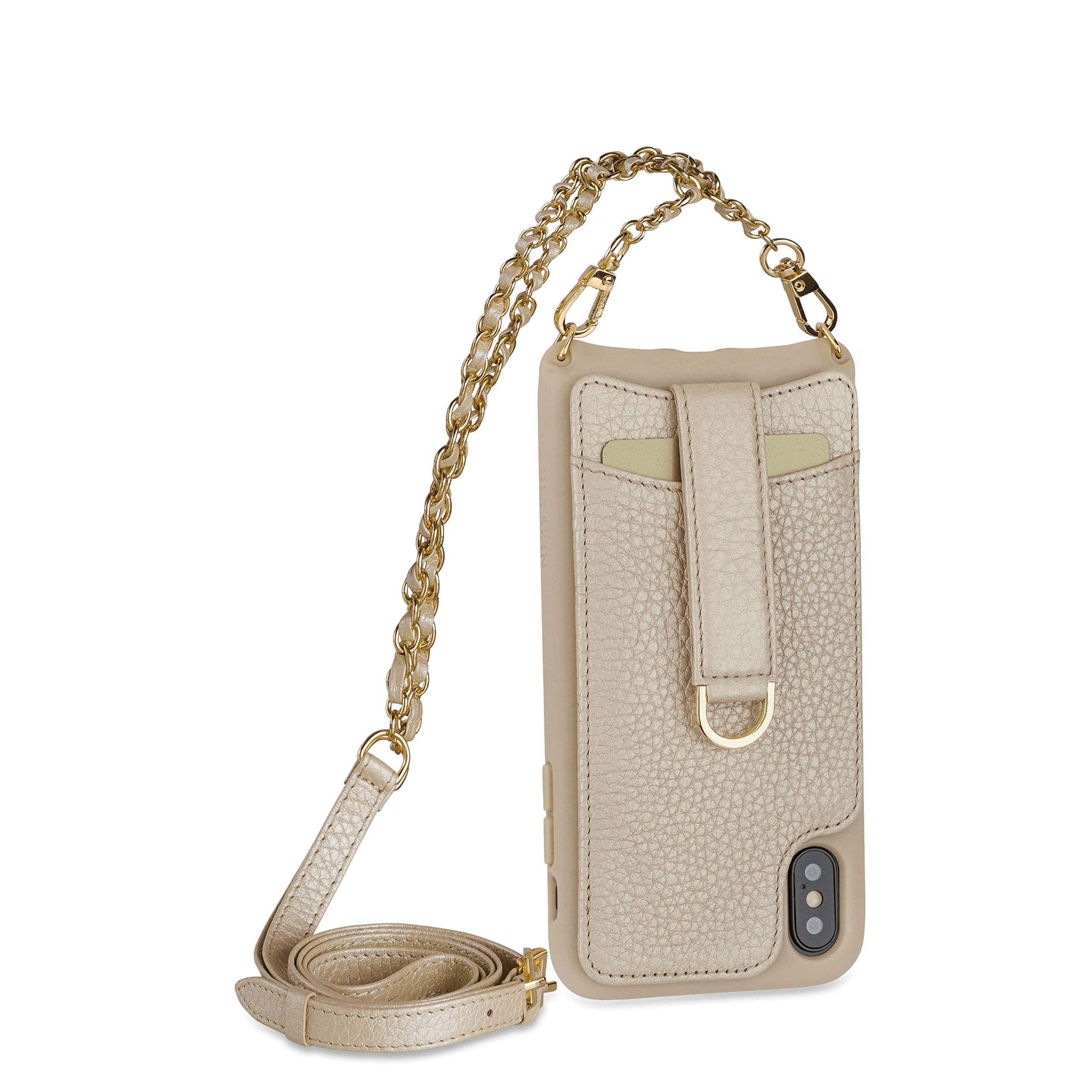 Vaultskin VICTORIA Crossbody Wallet Case, Lanyard with Card Holder (Champagne - Chain & Leather Strap, for iPhone XS Max)