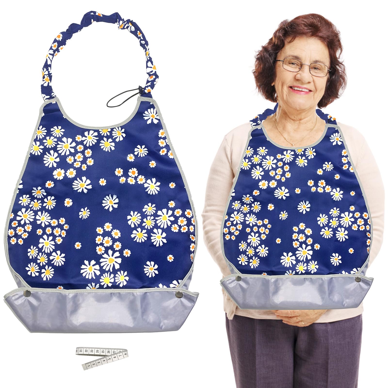 SwirlColor Adult Bibs for Elderly Washable, Clothing Protectors Waterproof and Reusable Adult Bib for Eating Adult Bibs for Women Elderly Patient with Food Catcher (Daisy flower)