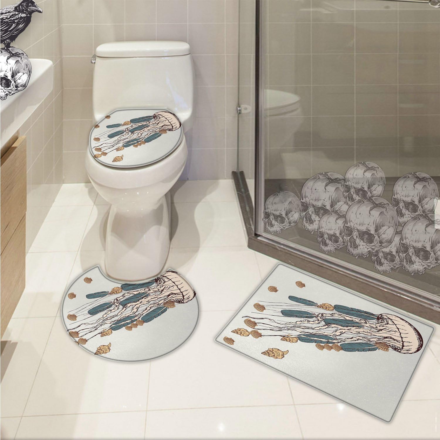 Jellyfish 3 Piece Bathroom Rug Set Boho Feather Tentacles Shells Vintage Art Print Under the Sea Tribal Fish customized Gray Beige Brown