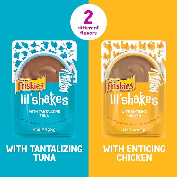 PURINA FRISKIES PUREED CAT FOOD TOPPER VARIETY PACK, LIL’ SHAKES WITH CHICKEN AND WITH TUNA VARIETIES LICKABLE CAT TREATS – (PACK OF 18) 1.55 OZ. POUCHES