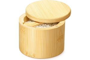Salt Jar with Lid and Spoon - Sea Salt Flake Holder - Bamboo Cellar with Magnetic Swivel Lid & Built In Spoon Slot - Spice Co