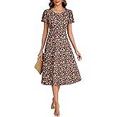 Rooscier Women's Floral Flounce Sleeve Round Neck A Line Flare Casual Midi Dress
