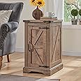 JXQTLINGMU Nightstand with Charging Station, Rectangular Farmhouse End Table with Barn Door and Adjustable Storage Shelf, 17" Deep Wood Rustic Sofa Side Table for Living Room, Bedroom, Light Brown