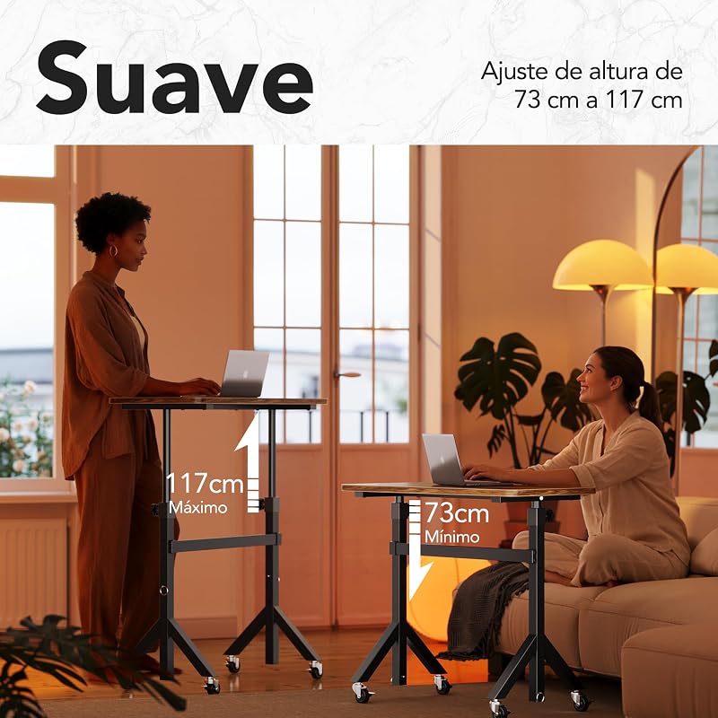 Escritorio de pie Ajustable en Altura, 6 ajustes de Altura de hasta 118 cm, 80 x 40 cm, Escritorio pequeño móvil con diseño de Patas Triangulares, Movilidad Suave con Ruedas bloqueables, Mesa