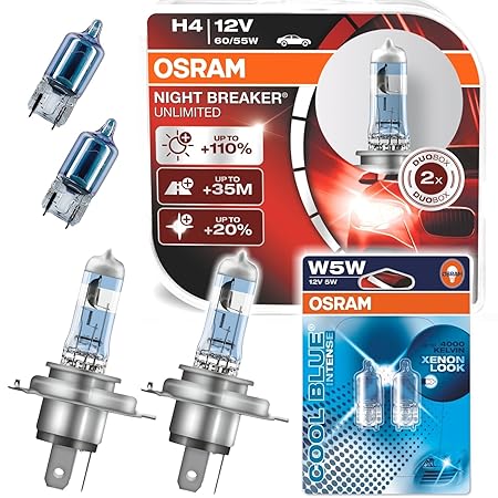 Osram Nightbreaker Plus H4 Duo Pack 2. Generation (2 Stück Glühbirnen) + 2 Stück Osram 2825CB W5W Cool Blue Standlichtern