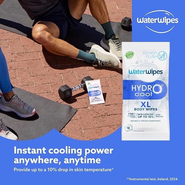 WATERWIPES HYDROCOOL COOLING WIPES, XL BODY CLEANING WIPE, STAY FRESH & COOL ON-THE-GO INSTANT SKIN COOLING, ODOR & SWEAT REMOVAL, IDEAL FOR GYM, TRAVEL & OUTDOOR USE, 108 COUNT (6 PACK)
