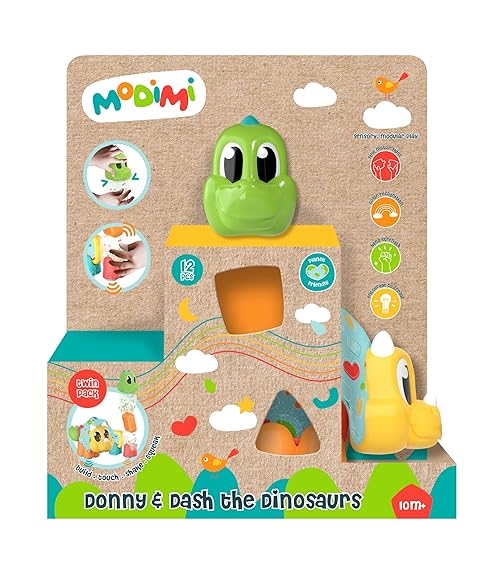 Modimi: Donny and Dash the Dinosaurs, 12-Piece Sensory, Modular Playset for Enhancing Toddler's Cognitive and Motor Skills, for Ages 10 Months+