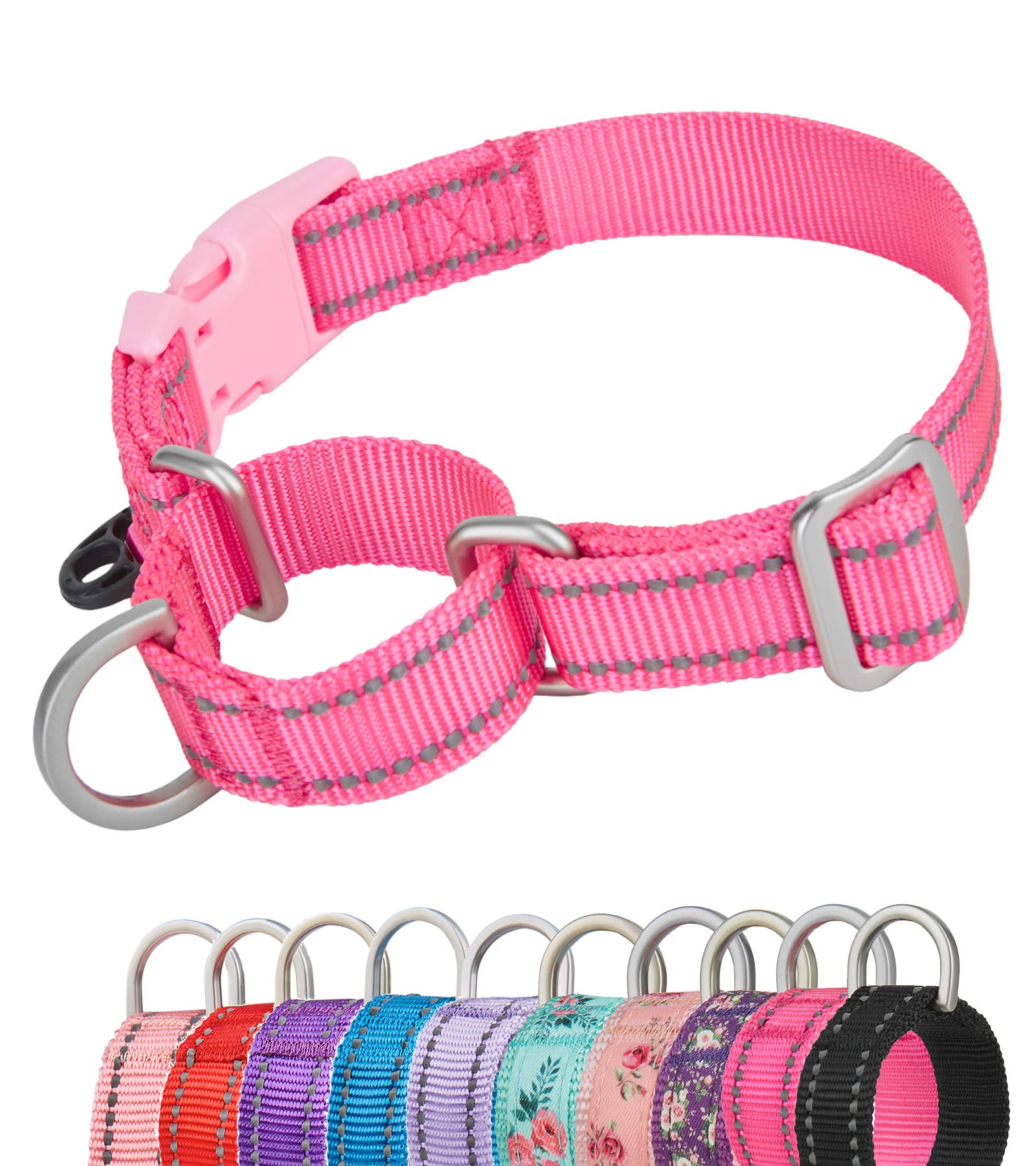 YUDOTE Reflective Martingale Dog Collars Escape-proof Anti-pull with Safety Quick Release Buckle for Narrow Head Canines Ease Walking,Large,Hot Pink