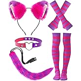 Hikkcos Halloween Pink Purple Striped Cat Costume Cat Ears Headband and Furry Tail Striped Socks for Halloween World Book Day Cosplay Accessories