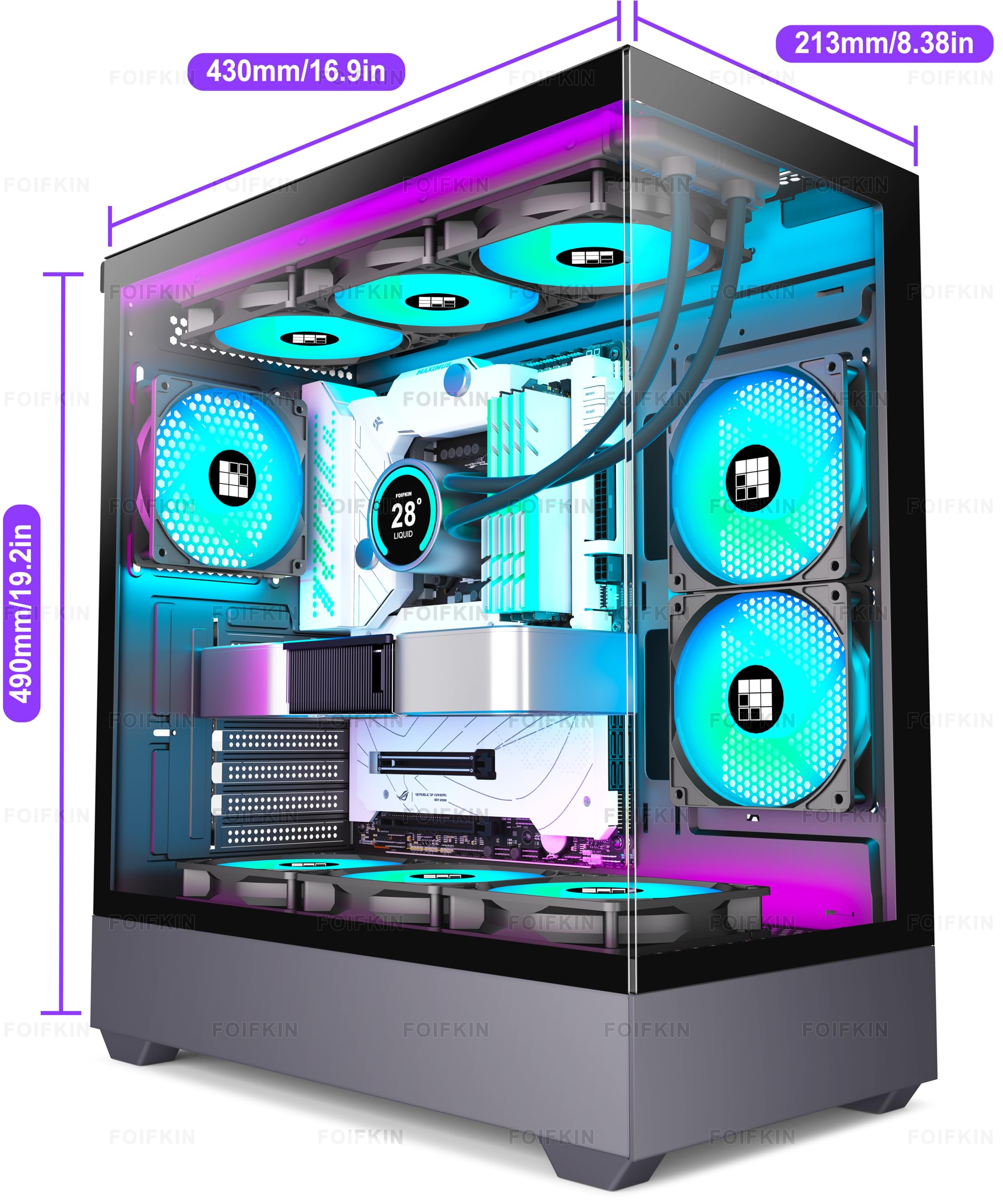 FOIFKIN F1 PC Gehäuse ATX- Pre-Install 6 PWM ARGB Lüfter, Mid-Tower Computer Gehäuse, Gaming PC- Gehäuse,270° Panorama Tempered Glass,mit Type-C, ATX Gehäuse (Schwarz, F1) 6