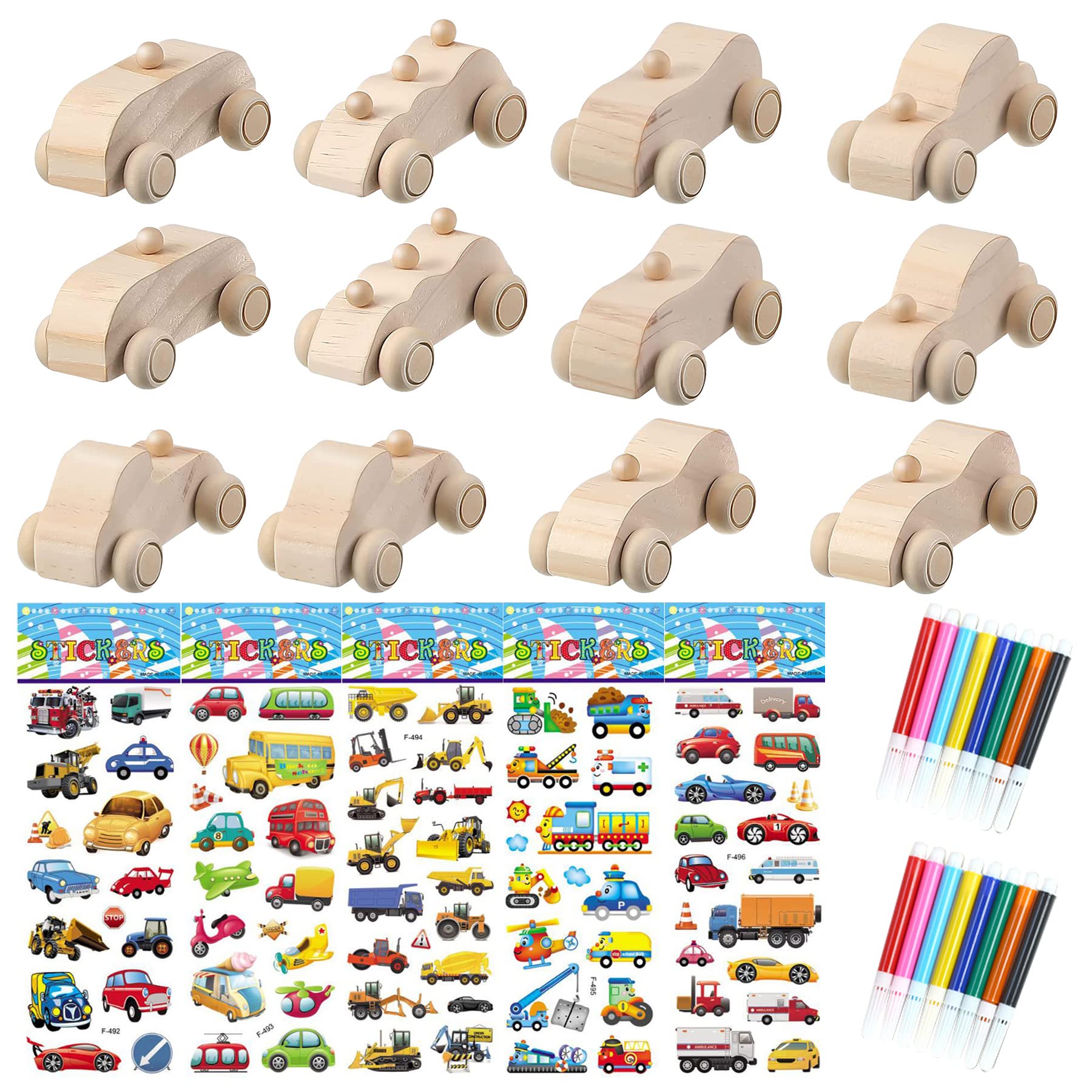 Allazone 12 PCS Wood DIY Car Unfinished Wooden Cars, Wooden Car Crafts with 5 PCS Sticker and 16 PCS Color Pen (01-12PCS, Wood Color)