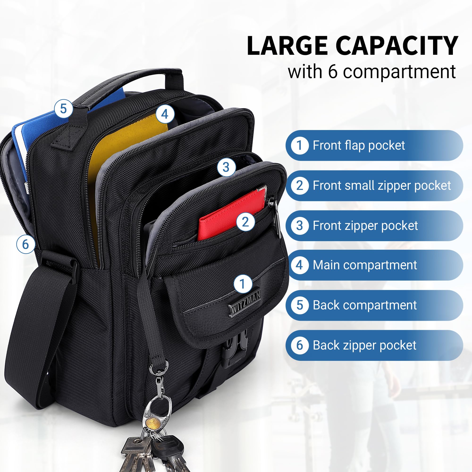 WITZMAN Umhängetasche Herren Tasche Umhängen 8L Leicht Crossbody Shoulder Bags Herren Schultertasche für Geschäftsreisen (B699 Schwarz) 3