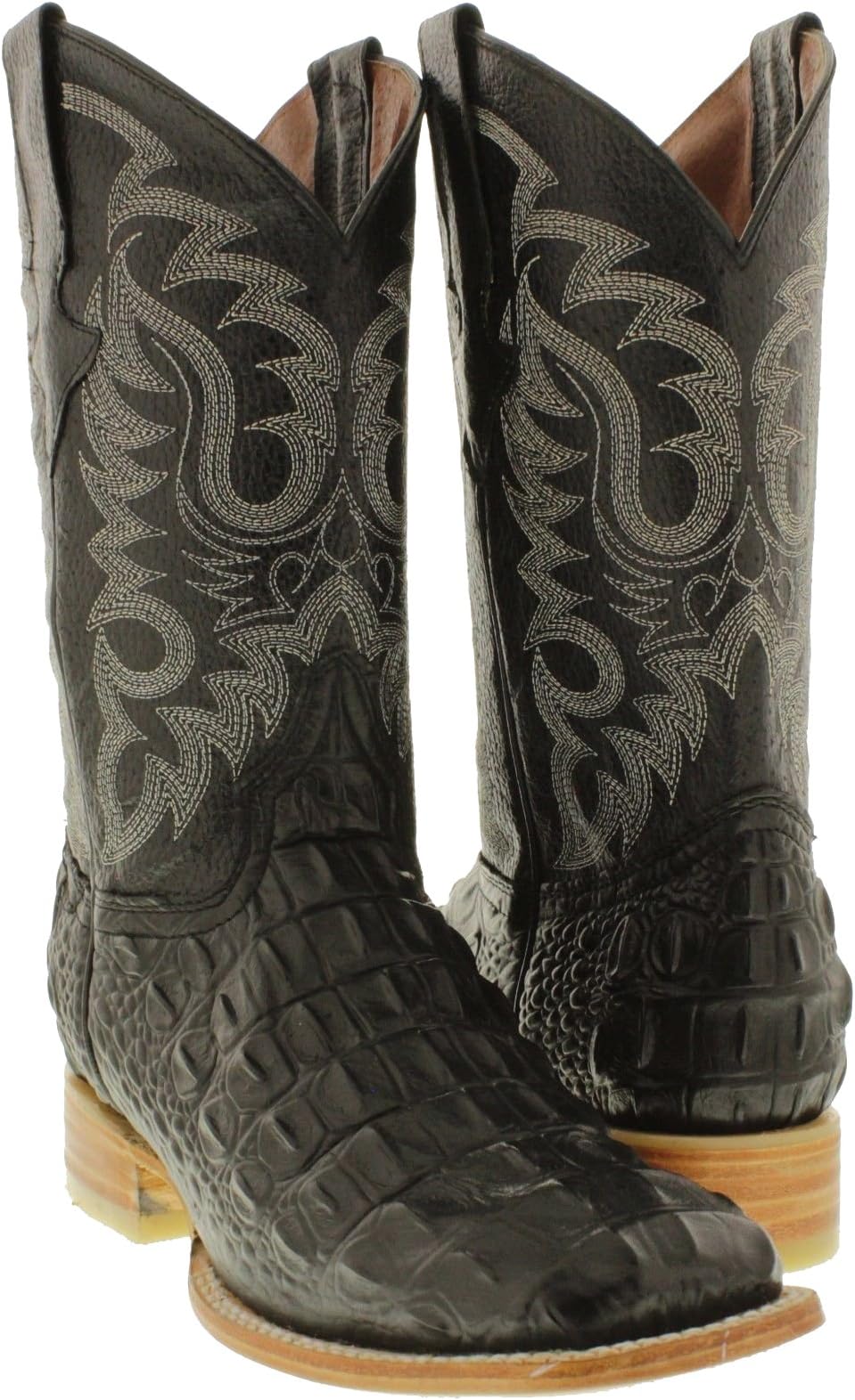 Team West - Men's Black Crocodile Back Print Leather Cowboy Boots Square Toe