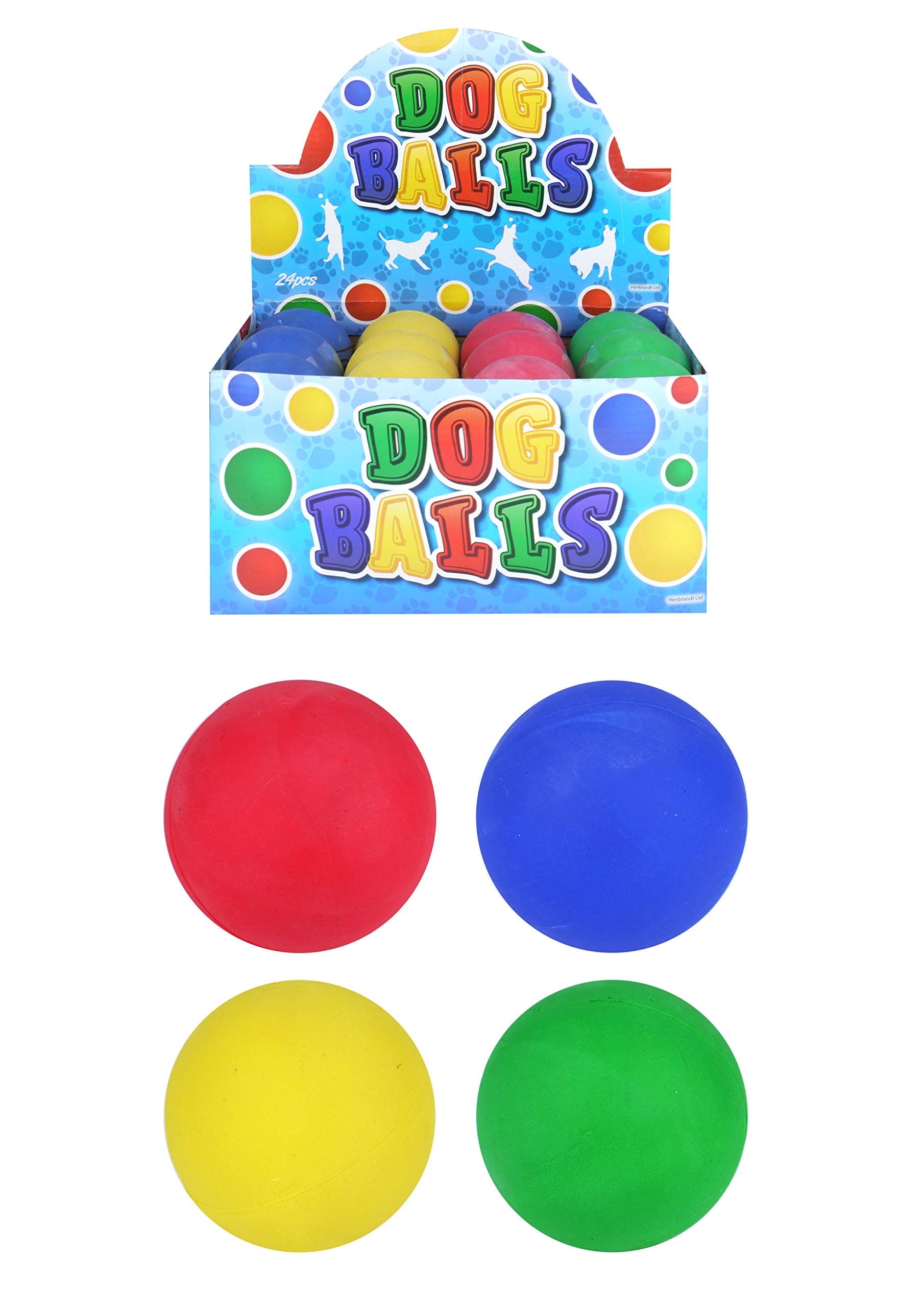 HENBRANDT 24 x Hard Rubber Dog Balls - Play n Shoot - Red, Green, Yellow & Blue