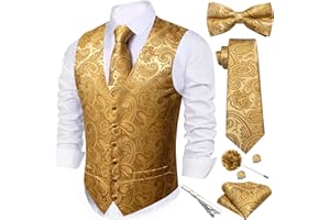 Barry.Wang Men's Suit Vest Tie Bowtie Set Formal Silk Paisley Waistcoat Hanky Cufflinks Lapel Pin Set Wedding Party 7PCS