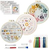 Huacan Floral Embroidery DIY Art Kit for Beginners Adults - 3 Pattern Sets with Guide, Adjustable Hoop, Color Threads, Needles &amp; Tools | Home Decor Craft Gift