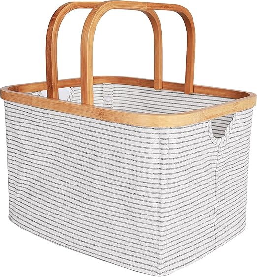 StorageWorks Canvas & Bamboo Storage Basket Bamboo Handles, Foldable