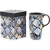 DUSVALLY Ceramic Mug Tall Coffee Cup with Lid, Porcelain Tea Cup with Handle for Latte, Cappuccino and Cocoa, Home and Office Coffee Cups, Color Box, Blue Flower, 17 oz