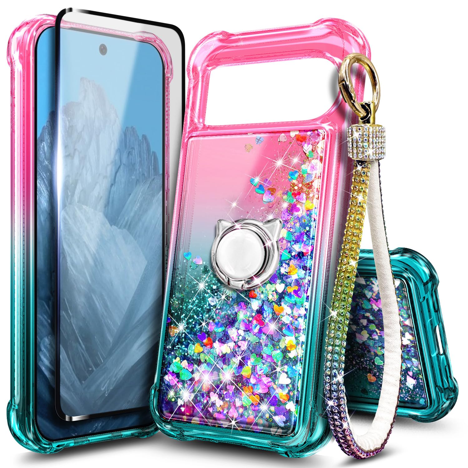 WDHD Compatible with Google Pixel 9a Case, Pink/Aqua | Bling Sparkly Glitter Liquid Cute Phone Cover for Women Girl with Tempered Glass Screen Protector/Ring Holder/Diamond Wrist Strap Lanyard