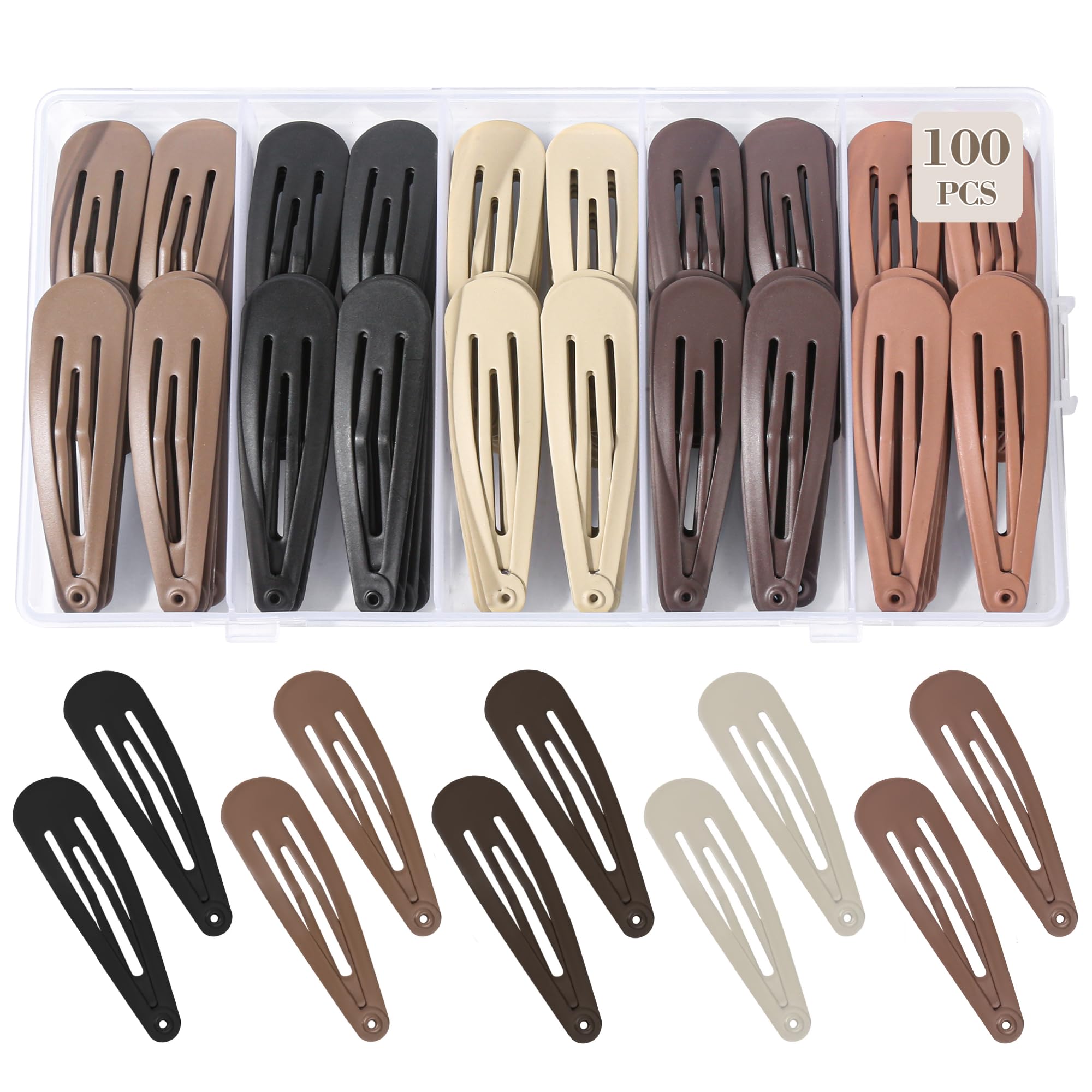 View 1 of 100Pcs Snap Hair Clips Hair Barrettes For Women Girls, No-Slip Metal Hair Snap Clips Accessories, Hairpins Matte 5 Colors, 2 x 0.55 Inch