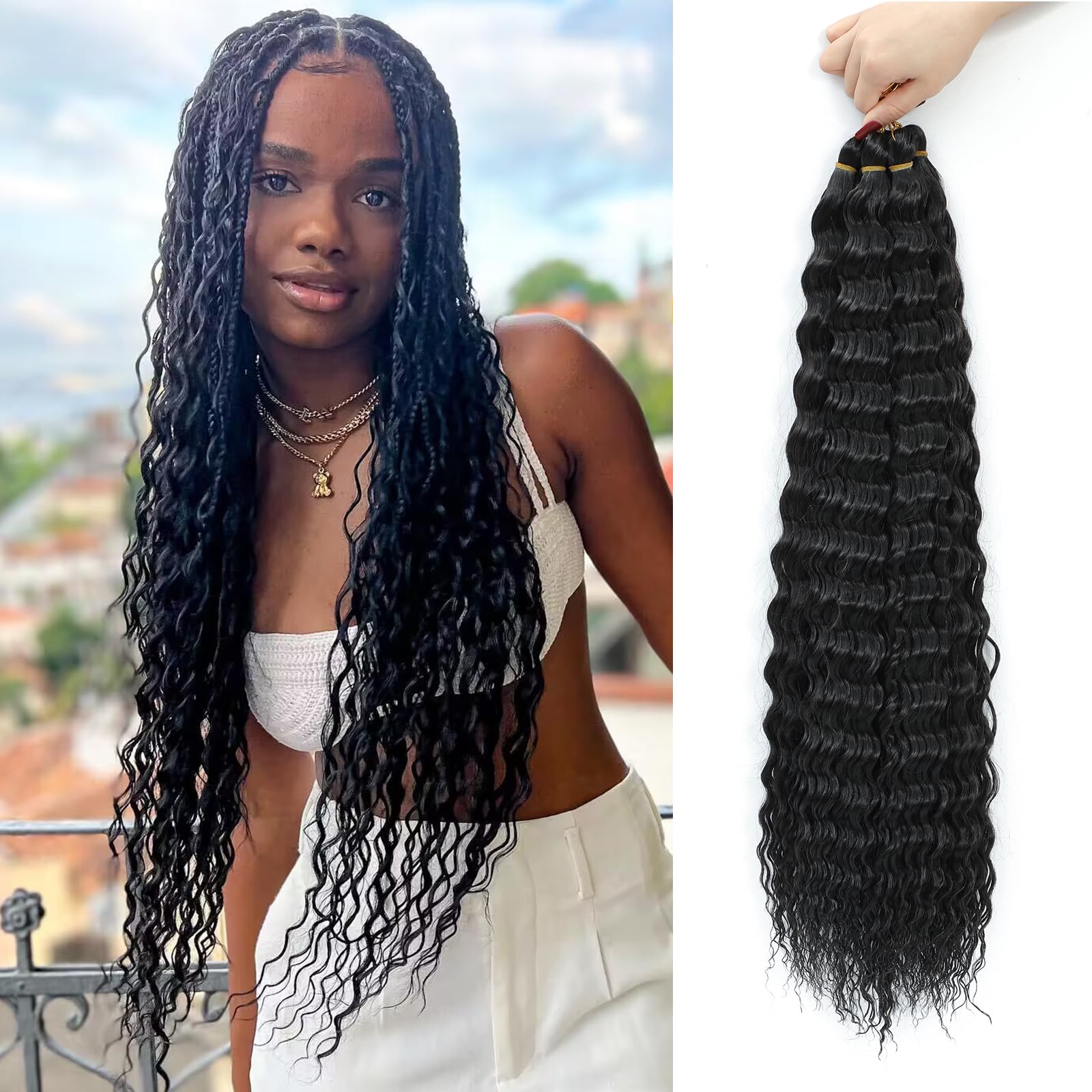 MLETULIPS Ocean Wave Crochet Hair Extensions Deep Wave Braiding Crochet Hair Soft Synthetic Curly Braiding Crochet Hair for Black Women (1B, 22 inch (pack of 6๏ผ) โ image 1